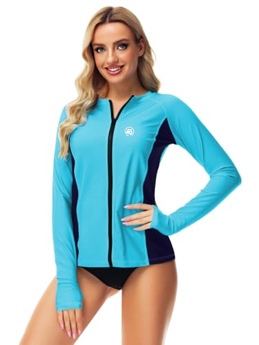 Women Color Block Rashguard Zip Up Swim Shirt UPF50+ UV Protective Thumb Hole Surf Swimming Top XL