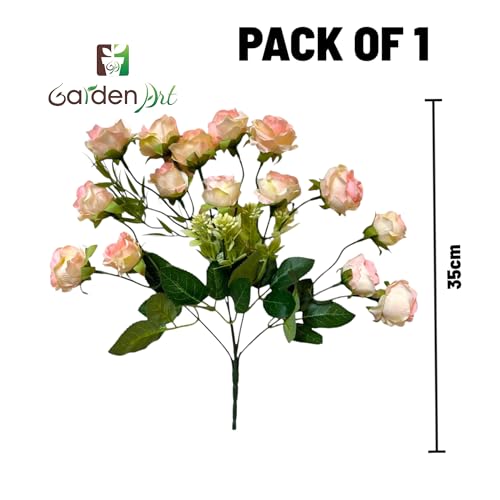 Image of Garden Art Artificial Small Rose Flower Bunch (Pack of 1) | 5 Heads with 15 Flowers & Buds, 35 cm Faux Rose Bouquet for Home Decor, Wedding & Table Decoration (White Shaded)