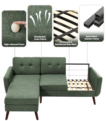 Image of Kingfun L Shaped Couch, 80 inch W Mid-Century Modern Sectional Couches, 3 Seater Sofas with Wide Chaise Lounge for Living Room, Bedroom, Green