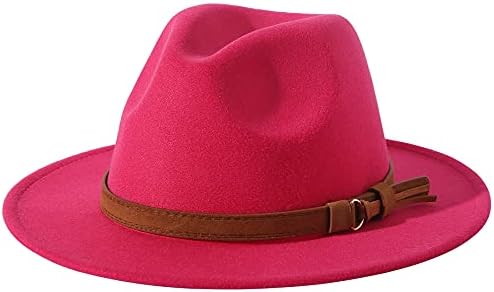 Lanzom Women Men Retro Style Wide Brim Panama Hat Belt Buckle Wool Fedora Hat (A-Rose,Large)