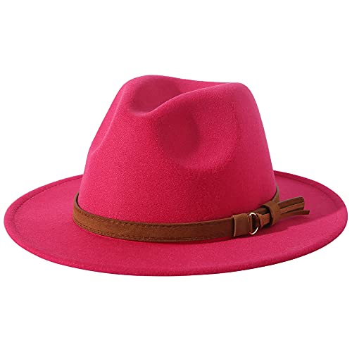 Lanzom Women Men Retro Style Wide Brim Panama Hat Belt Buckle Wool Fedora Hat (A-Rose,Large) #TOP1