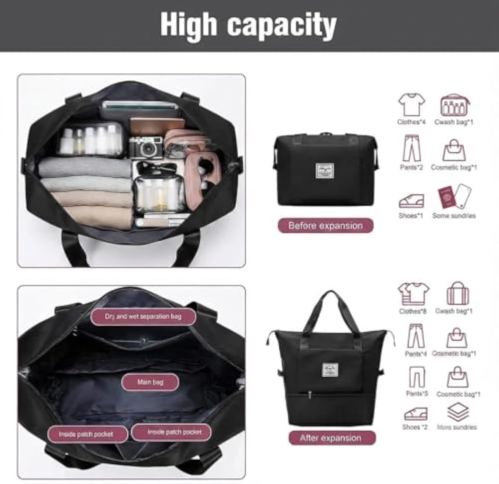41L Expandable Travel Duffle Bag for Women, Waterproof