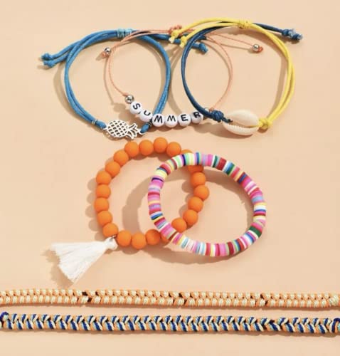 Image of pulsera brazalete veraniego surfista de cuentas y trenzas multipack, coorido, juvenil,mujer, naraja y azul