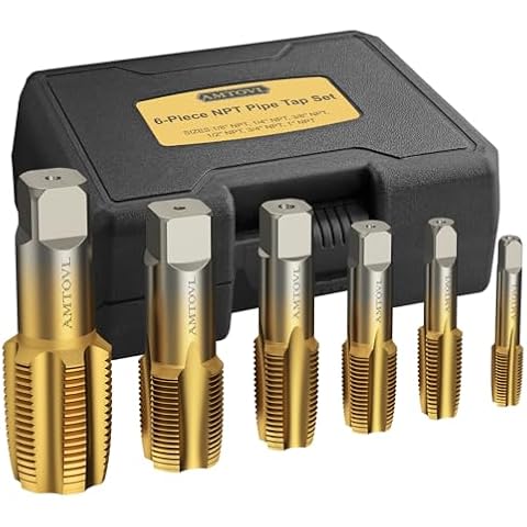AMTOVL NPT Pipe Tap Set - 6-Piece, 1/8'', 1/4'', 3/8'', 1/2'', 3/4'', 1'' NPT Tap Set, GCr15 Steel Threading Plumbing Tap Set for Plumbers Clean and Re-thread Damaged DIY or Jam Pipe Threads Cover