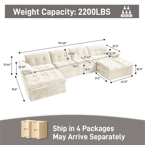 Image of 157 inch Oversized U Shaped Sectional Cloud Couch, Large Modern Cloud Sectional Couch with Ottoman, Chenille 6 Seat Sofa Set, Modular Sectional Sofa for Living Room, No Assembly Required, Beige