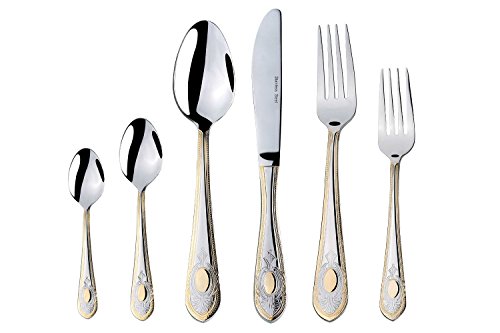 Italian Collection \'Windsor\' 75-Piece Premium Surgical Stainless Steel Silverware Flatware Set 18/10, Service for 12, 24K Gold-Plated Hostess Serving Set in a Wooden Case