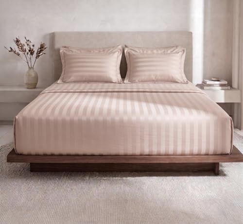 Image of LANE LINEN 100% Cotton Double Bedsheet with 2 Pillow Cases | Damask Stripe 3pc Bedding Set- 2.29M x 2.54M | Breathable & Comfortable Fabric | Oeko-TEX Certified - Sepia Rose