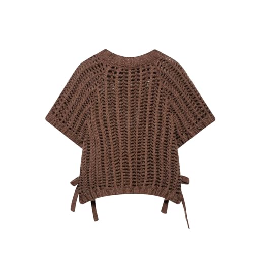 Womens Chunky Knit Cropped Sweater Vest Cute Side Bow Tie Crew Neck Short Cap Sleeve Crochet Pullover Sweater Tank Tops Y2K2