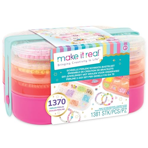Make It Real Beads-2-Go 2901710 Kit de bricolage de bijoux avec plus de 1300 perles dans une boîte de rangement pratique pour les enfants