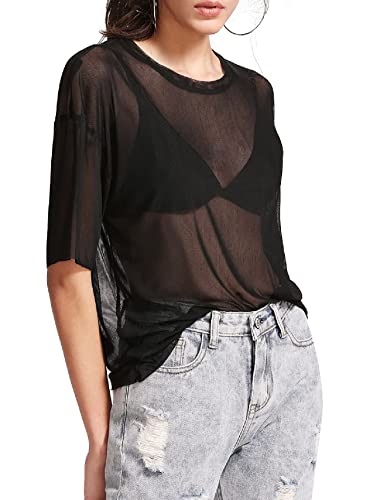 Makemechic Women's Summer Short Sleeve Tops See Through Mesh Sheer Sexy T Shirt Blouse A Black L #TOP3