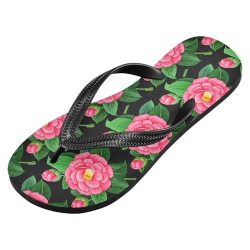 Pink Flower Black Flip Flops for Beach Thong Sandals Anti-slip Lightweight Shower Shoes for Travel Summer Outdoor2