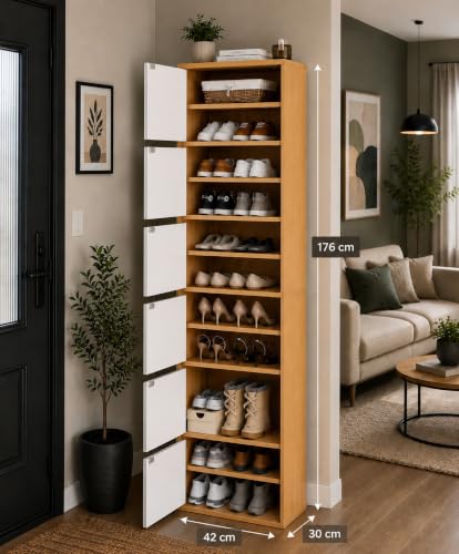 Image of 6-Door Engineered Wood Shoe Rack, 11-Tier Wooden Shoe Rack for Entryway, Shoe Storage Cabinet with Doors Adjustable Shelves, Wooden Shoes Rack Organizer - NEW (Mapple, 11 - Layer)
