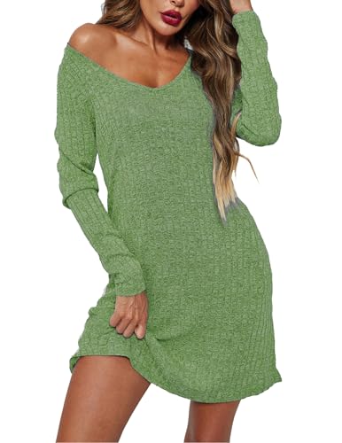 Ekouaer Womens Nightgown Long Sleeve Nightgowns for Women Rib Knit Pajama Dress V Neck Soft Loungewear Sleepwear,Army Green,Large