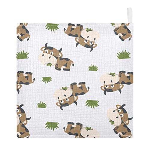 Image of vvfelixl Cotton Brown Cow Grass Muslin Washcloths - Soft Baby Face Towel for Newborns, 11.8 X 11.8 Inch, 3 Pack