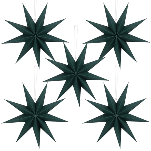 BestoFun 5 estrellas de papel para Navidad, color verde oscuro, 30 cm, 9 puntas, estrellas plegables para colgar, color verde
