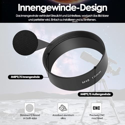 Estink 8-teiliges M48x0,75 Brennweiten-Verlängerungsrohr-Set, Beseitigen von Fokusproblemen, 3 5 7 10 12 15 20 30-mm-Verlängerungsring, für Astronomische Teleskopfotografie