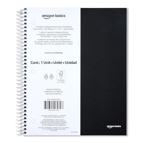 Image of Amazon Basics College-Ruled 3-Subject Spiral Notebook, 150 Sheets, 8.5 x 11 inches, Black