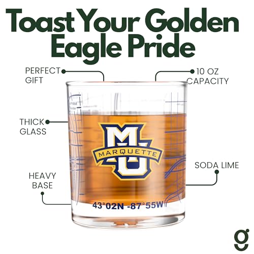 Image of Greenline Goods University of Marquette Golden Eagles Whiskey Glasses Set of 2, 10 oz Rocks Glasses with Full-Color Logo & Campus Map - Officially Licensed Bourbon Glass Gift for Alumni & Fans
