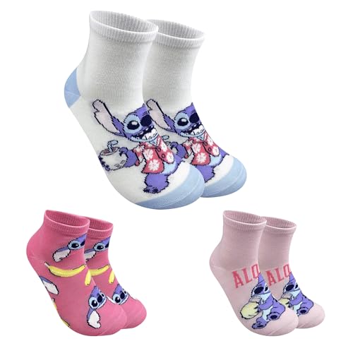 Disney Lilo & Stitch Official Womens 3 Pack Quarter Ankle Socks - Assorted Designs & Colors (US Alpha Medium Aloha White Fucshia Pink)