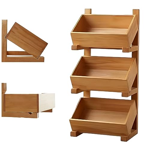 Cesta de almacenamiento de verduras de madera de 3 niveles, organizador de cocina de pie para aperitivos, frutas y suministros