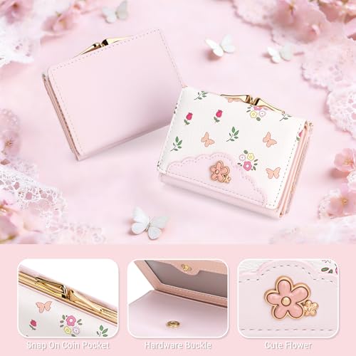 Image of YINHEXI Cute Trifold Wallet for Women Girls, Press-Lock Coin Wallet with ID Window, PU Leather Floral Small Wallet, Fits Purses & Pockets (Floral Pink2)