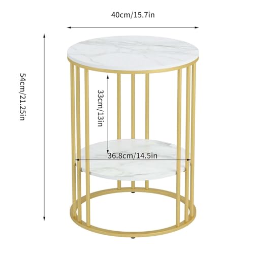 Image of Round End Table with Metal Gold Frame & Marble Finish Shelves - 2 Tier Side Table, Modern Coffee Table, Bedside Nightstand for Living Room, Bedroom, Balcony (White-Gold, 40cm)