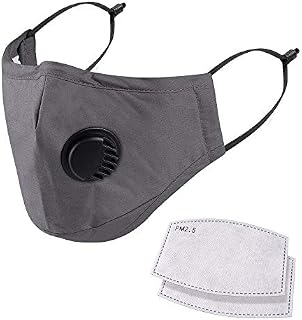 NUÜR Washable Face Mask, 3 Layer Design, Air Valve and Adjustable Ear Loops and Nose Clip, Reusable, Soft, Breathable for Everyday Public Use, 2 Free Filters in 5 layers, Grey