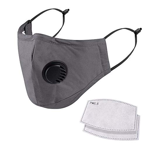 Preisvergleich Produktbild NUÜR 100% Baumwolle atmungsaktive Gesichtsmaske mit Luftventil und verstellbaren Ohrschlaufen und Nasenklammer, 2 kostenlose Filter in 5 Lagen