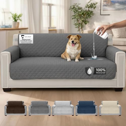 Sofa Shield 100% Waterproof Couch Cover, Patented Slip and Stain Resistant Cushion Protector Straps, US Designed Machine Washable Pet & Dogs Friendly Sofas Slipcover, 70 inch Seat, Dark Gray