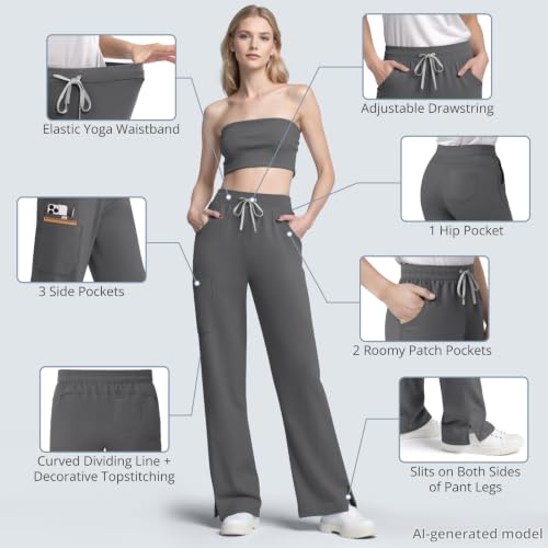 Image of Women's 7-Pocket Scrub Pants - Straight Leg, Mid-Rise, Drawstring | Soft stretch knit Mid-rise drawstring Side slits Wrinkle-resistant Machine washable For nurses /doctors /vets