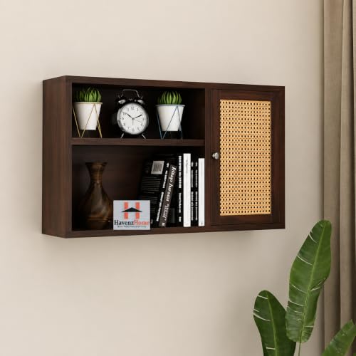 Image of Solid Sheesham Wood Wall Mounted Cabinet with Rattan Door, 71x46x18 cm | Sheesham Wall Mount Shelf, Book Storage Rack for Living Room | Bedroom | (Dark Walnut Can)