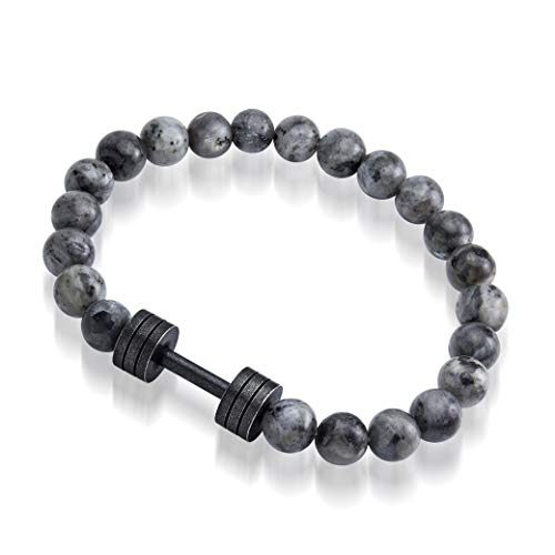 555Jewelry Stainless Steel Adjustable Flexible Stretch Barbell Gym Bead Anxiety Relief Mala Beaded Bracelets for Men, Yoga Grey Black Bead Bracelet for Men, Bead Bracelets, Round Barbell