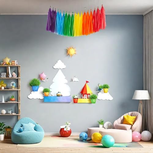 Image of 30PCS Rainbow Shiny Tassel Garland Tissue Colorful Paper Tassel Banner - Red,Orange,Yellow,Green,Blue,Purple