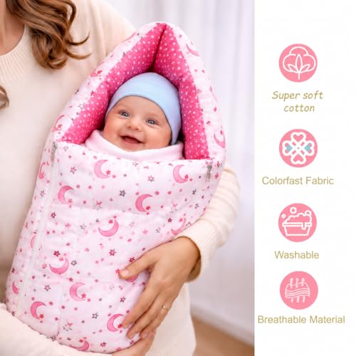 Image of Infantbond Designer Mattress with Net | Baby Sleeping Bag | 4 Pcs Bedding | 1 Nest (0-6 Months) (Moon Pink)