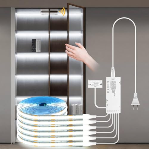 Image of AIMENGTE 12V COB LED Cabinet Lights Strip with Dual-Door Sensor, 6 x 3.3ft Cuttable Under Cabinets Lighting for in-Cabinet, Locker, Closet, Showcase, Gun Safe (Cool White)