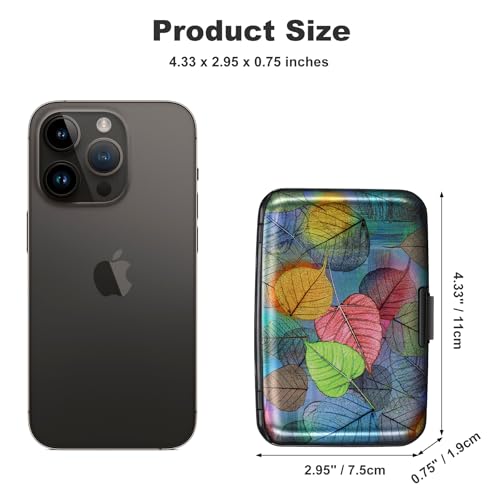 Image of ELFISH Mini RFID Aluminum Wallet Credit Cards Holder Business Card Case Metal ID Case for Men Women, Colorful Leaves, small, Compact
