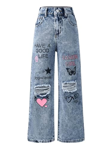 Kids Girls Graphic Y2K Baggy Ripped Denim Pants Elastic Waist Casual Wide Leg Jean Trousers with Pockets