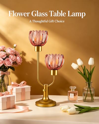 Image of Lightdot Flower Table Lamp Vintage Pink Glass Lamp Bulbs Included Dimmable | Nightstand Lamp Mid Century Modern Gold Desk Lamp Warmwhite Ambient Bedside Lamps for Living Room Bedroom Home Decor Gift