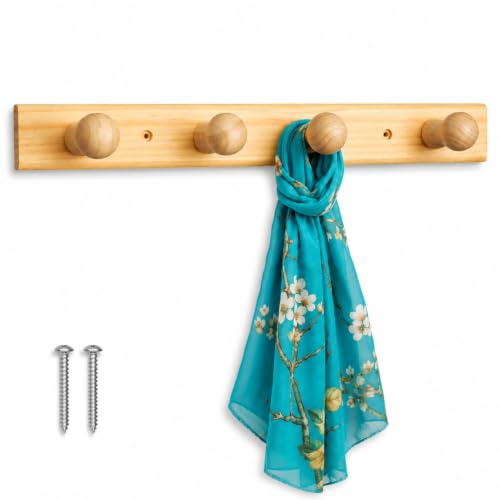 Perchero de madera pared para atornillar, Colgador de pared Ropa, Percha de pared, Soporte para colgar de madera, 45.3 cm ancho x 5 cm alto, Madera, 4 pomos