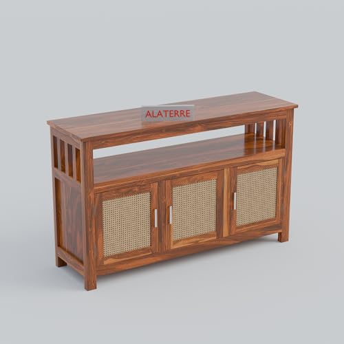 Image of ALATERRE Wooden Sideboard Cabinet with Cane Doors | 3 Door Storage Cabinet with Open Shelf | Solid Wood Buffet Table for Living Room, Dining Room & Entryway (Honey Finish)
