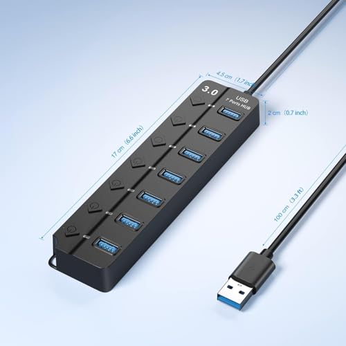 Image of USB Hub 3.0, 7-Port USB Hub Splitter with Individual On /Off Switches and Lights, 1 ft Long Cable Compatible with Laptop, Surface Pro, PS4, PC, Flash Drive, Mobile HDD