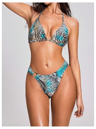 Verdusa Women's 3 Piece Cheetah Print Halter Bikini Set Animal Pattern Swimsuits with Cover Up Skirt3