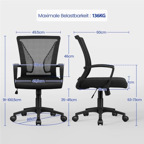 Yaheetech Bürostuhl Ergonomisch mit Netzbespannung Atmungsaktiv, Schwarz – Ansicht 3