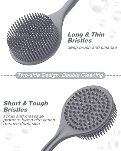 Image of KIMEE Silicone Body Scrubber and Bath Brush Combo - Long Handle Shower Brush for Back and Hexagonal Scrubber Set for Deep Cleansing, Body Massager and Exfoliator for Men and Women, Black