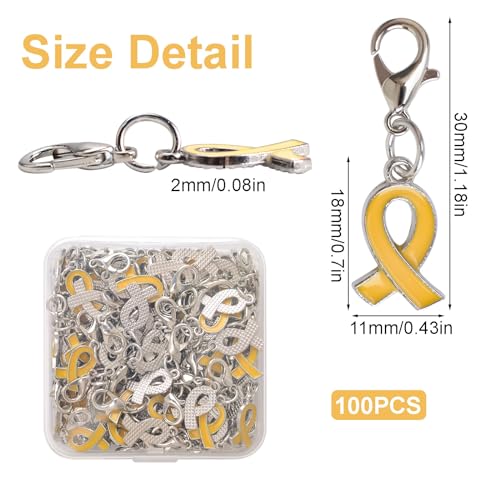 CRAFFANCY 100 Pcs Gold Ribbon Pendant with Clasps, Childhood Cancer Awareness Alloy Ribbon Charms for Jewelry Making - Image 2