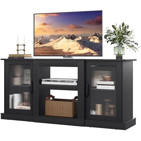 WLIVE Retro TV Stand for 65 inch TV, TV Console Cabinet with Storage, Open Shelves Entertainment Center for Living Room and Bedroom, Black Cover