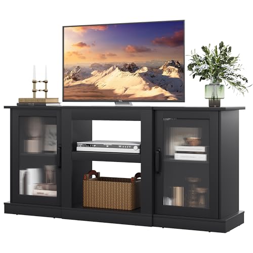 WLIVE Retro TV Stand for 65 inch TV, TV Console Cabinet with Storage, Open Shelves Entertainment Center for Living Room and Bedroom, Black