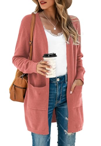 Saodimallsu Strickjacke Damen Lang Leicht Cardigan Langarm Open Front Strickpullover Einfarbig Freizeit Strickmantel Outerwear mit Tasche Dunkelrosa S