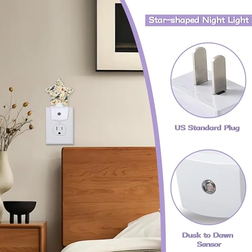Image of Birds Butterfly Decorative Nightlight Plug in Wall,Watercolor Floral Star Shaped Night Light with Built in Sensor for Home Decor,Kitchen Hallway Stairs Desk Lamp