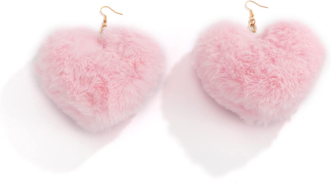 Soft Plush Ball Pom Pom Dangle Earrings Fluffy Love Peach Heart Faux Fur Drop Earrings for Women Valentine's Day Gifts